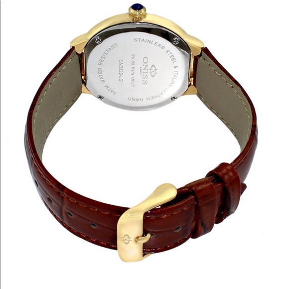 Ladies Oniss Gold Tone Brown Leather Band Silver Dial Crystals Date Watch ON3322